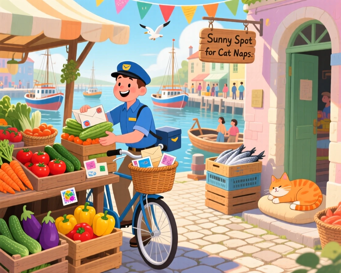 A mail carrier with a bicycle basket full of letters spends the morning stacking fresh vegetables at a market stall in a bustling harbor town, while a cat naps in a sunny doorway.