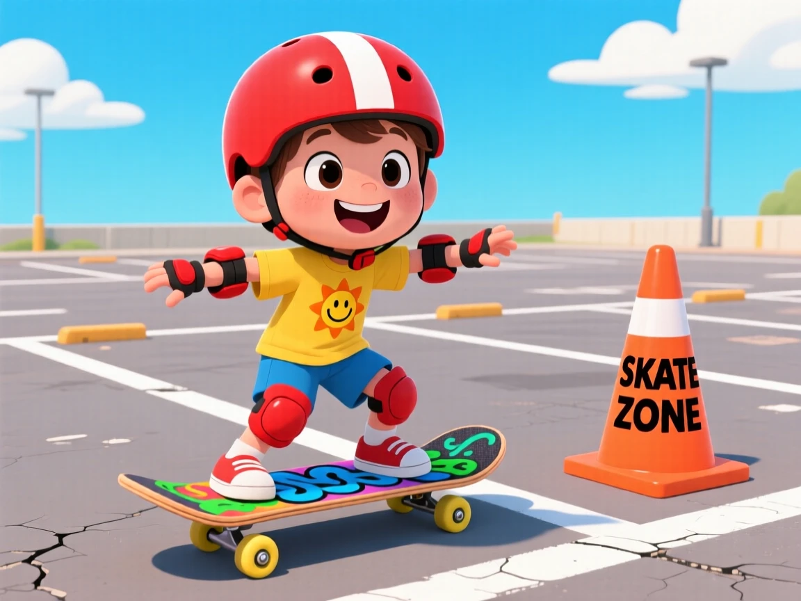 A child learning to skateboard in an empty parking lot.