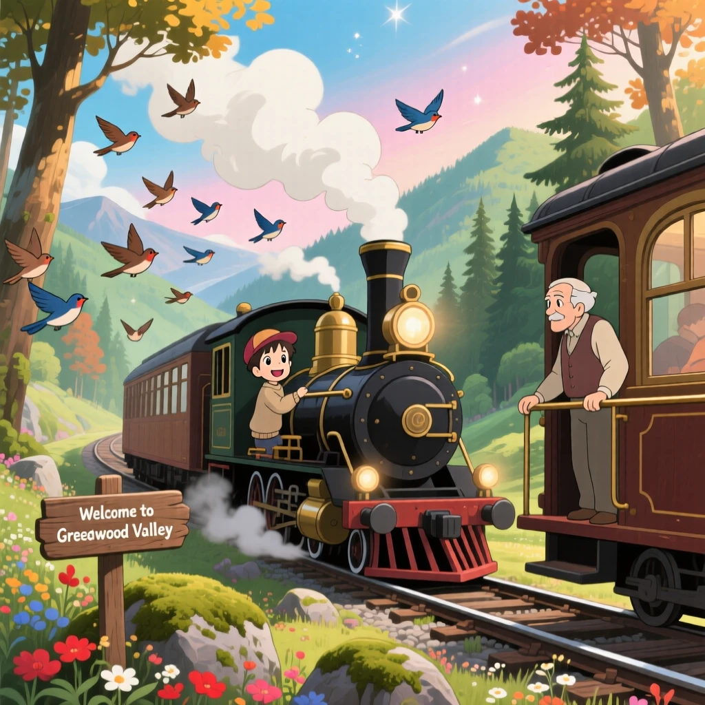 A charming scene of a vintage steam train winding through a mountain valley, as birds fly alongside it.