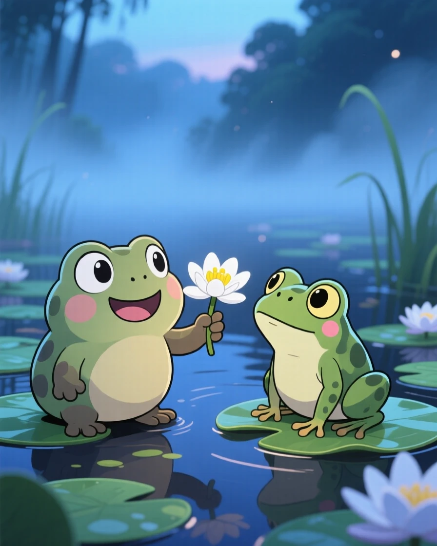 In a quiet lily-covered swamp, a friendly bog monster is offering a lily flower to a curious frog on a misty foggy morning, bathed in cool blue twilight glow, expression full of delighted joy. Shot as an extreme close-up.