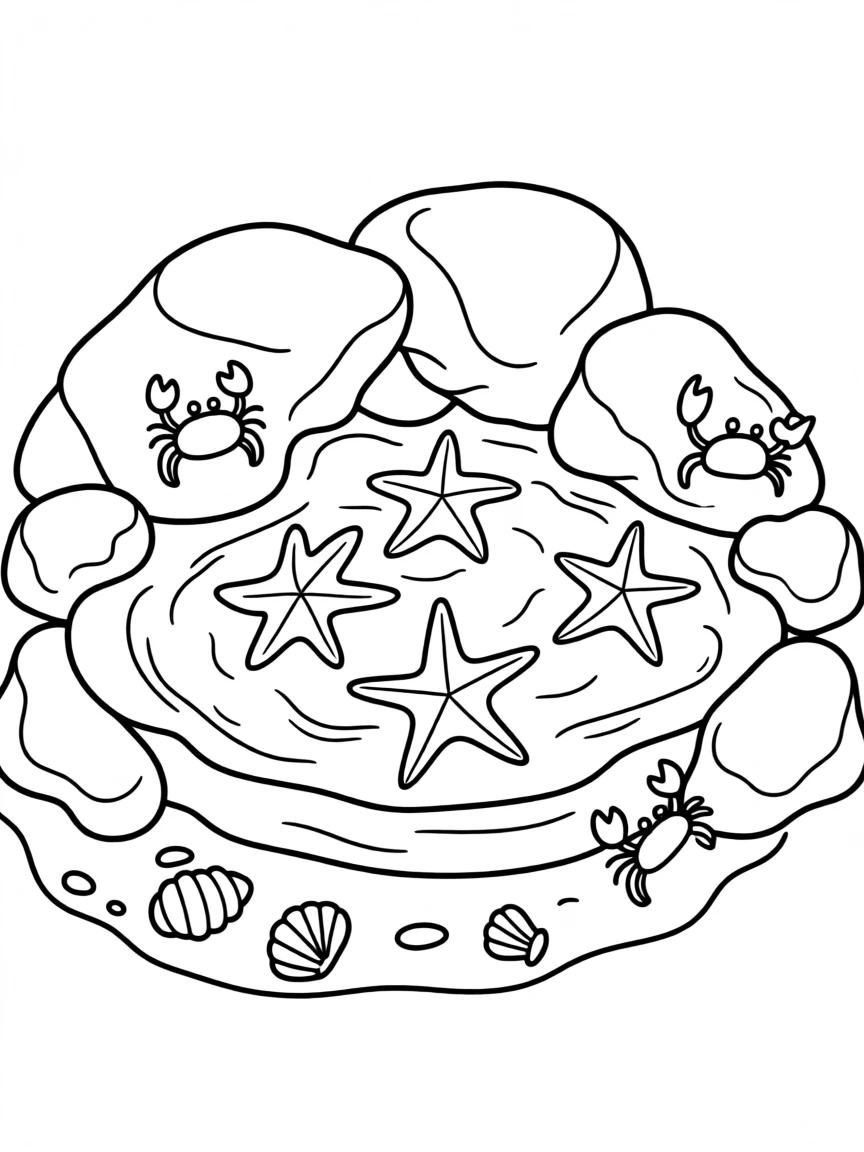 A rocky tide pool full of starfish and tiny crabs