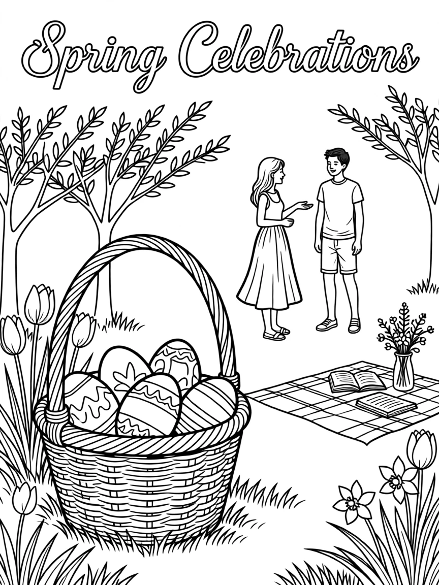 An Easter basket filled with painted eggs in a spring garden, with silhouettes of people gathered nearby.