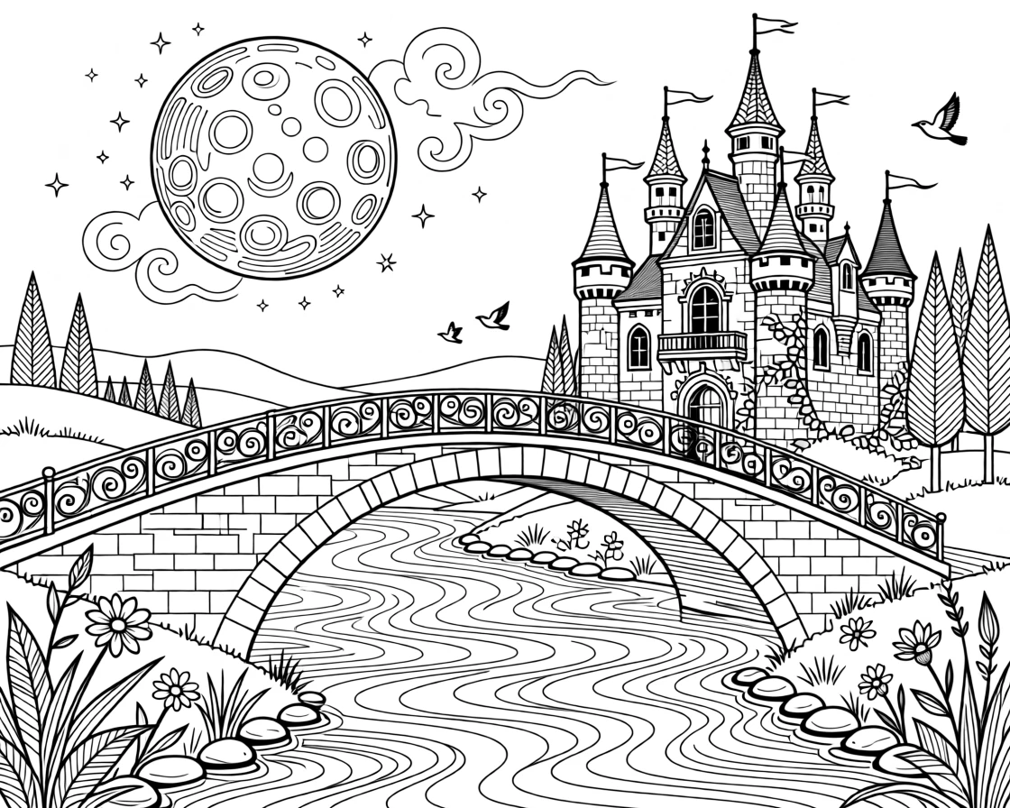 A moonlit bridge arching over a river toward an enchanted castle.