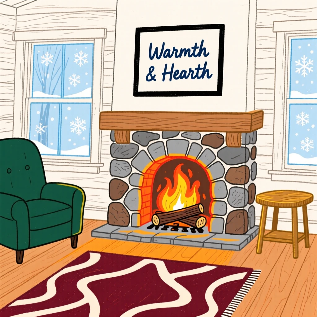 A fireplace crackling in a cabin living room during winter.