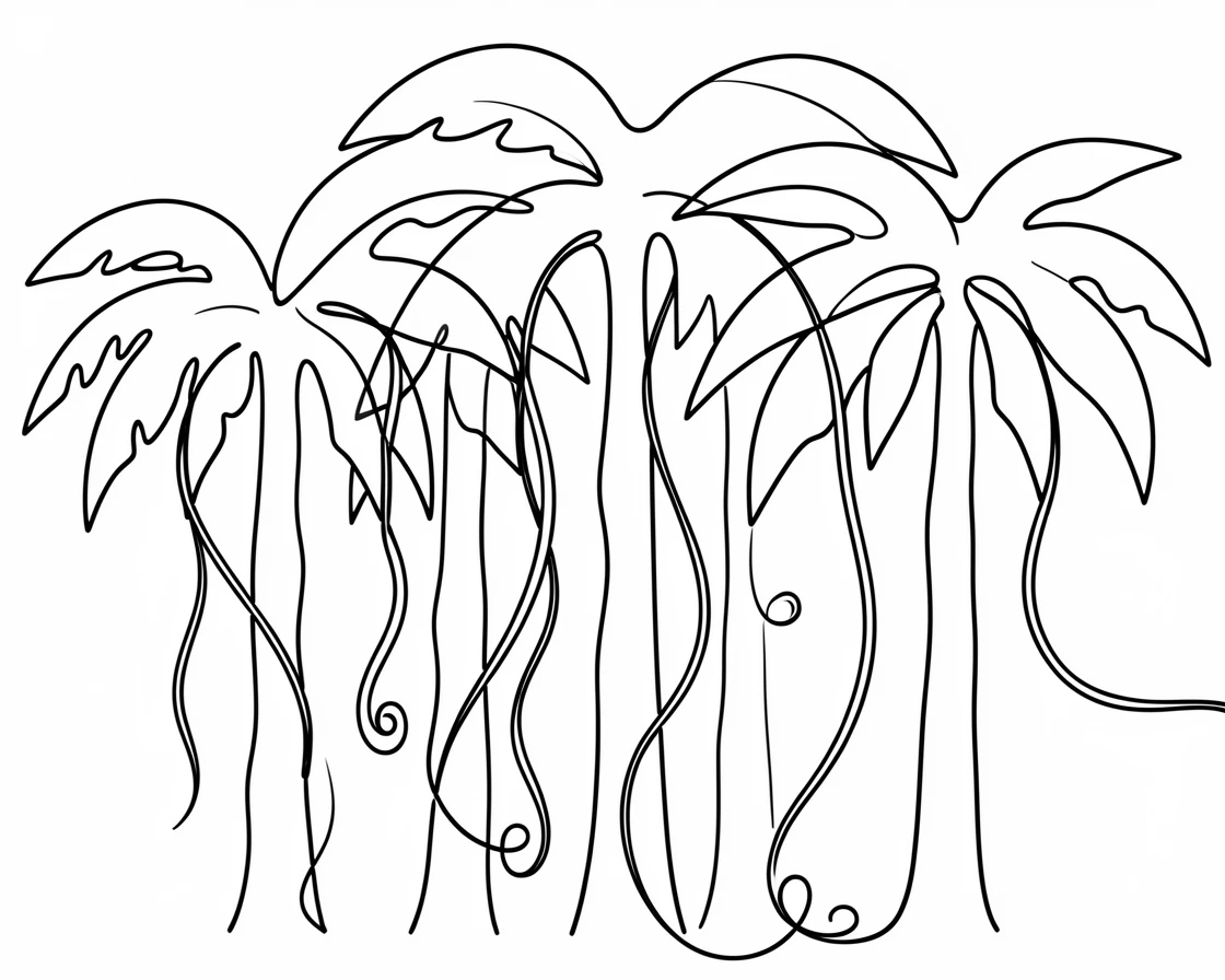 A thick jungle canopy with vines hanging between towering tropical trees