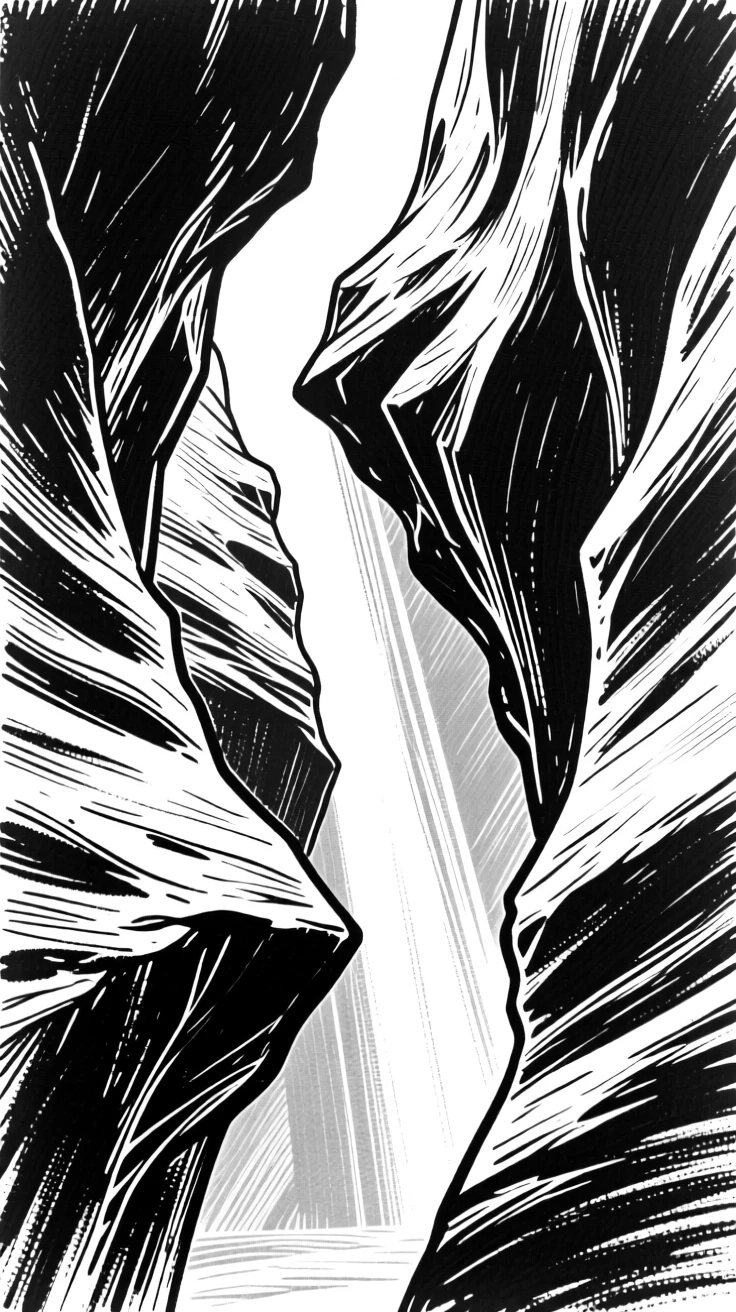 A narrow slot canyon with light beams filtering down through the narrow gap above.