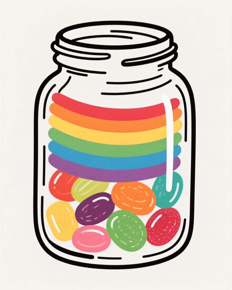 A glass jar filled with layered rainbow gummy candies.