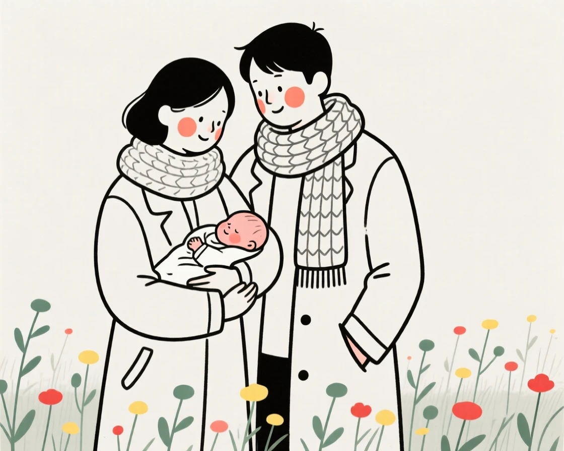 A newborn with parents in a chunky knit scarf and coat, in a field of wildflowers.