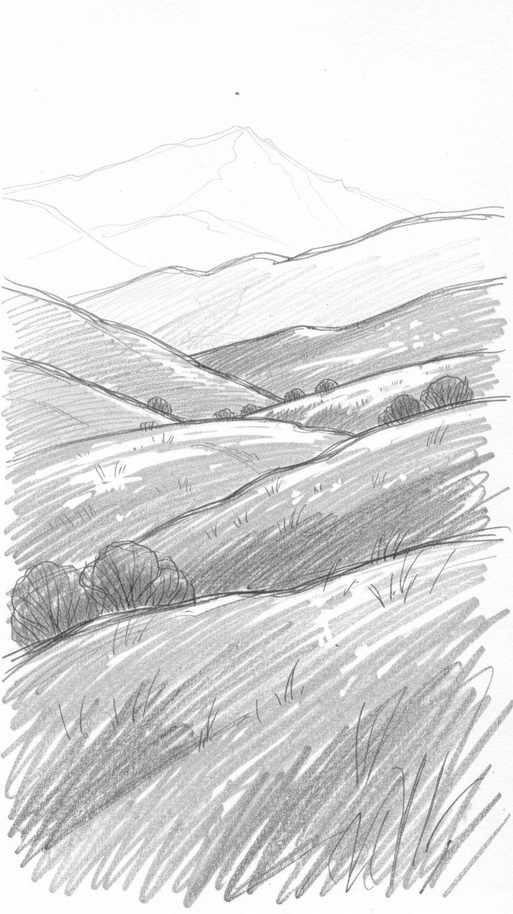 Sweeping landscape of a rolling green countryside sparkling under crisp winter sunlight, with distant mountains fading into haze.