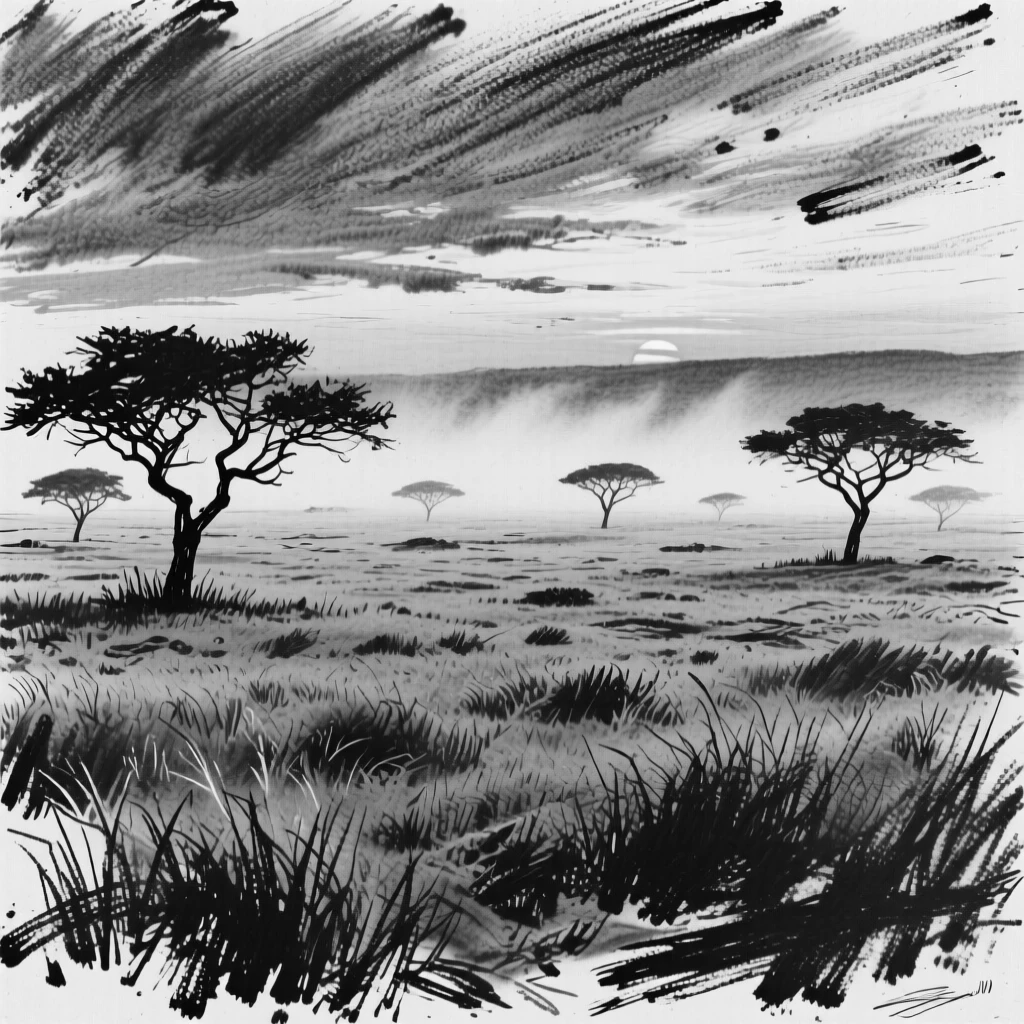 A sprawling savanna at sunset with mist rising gently at first light.