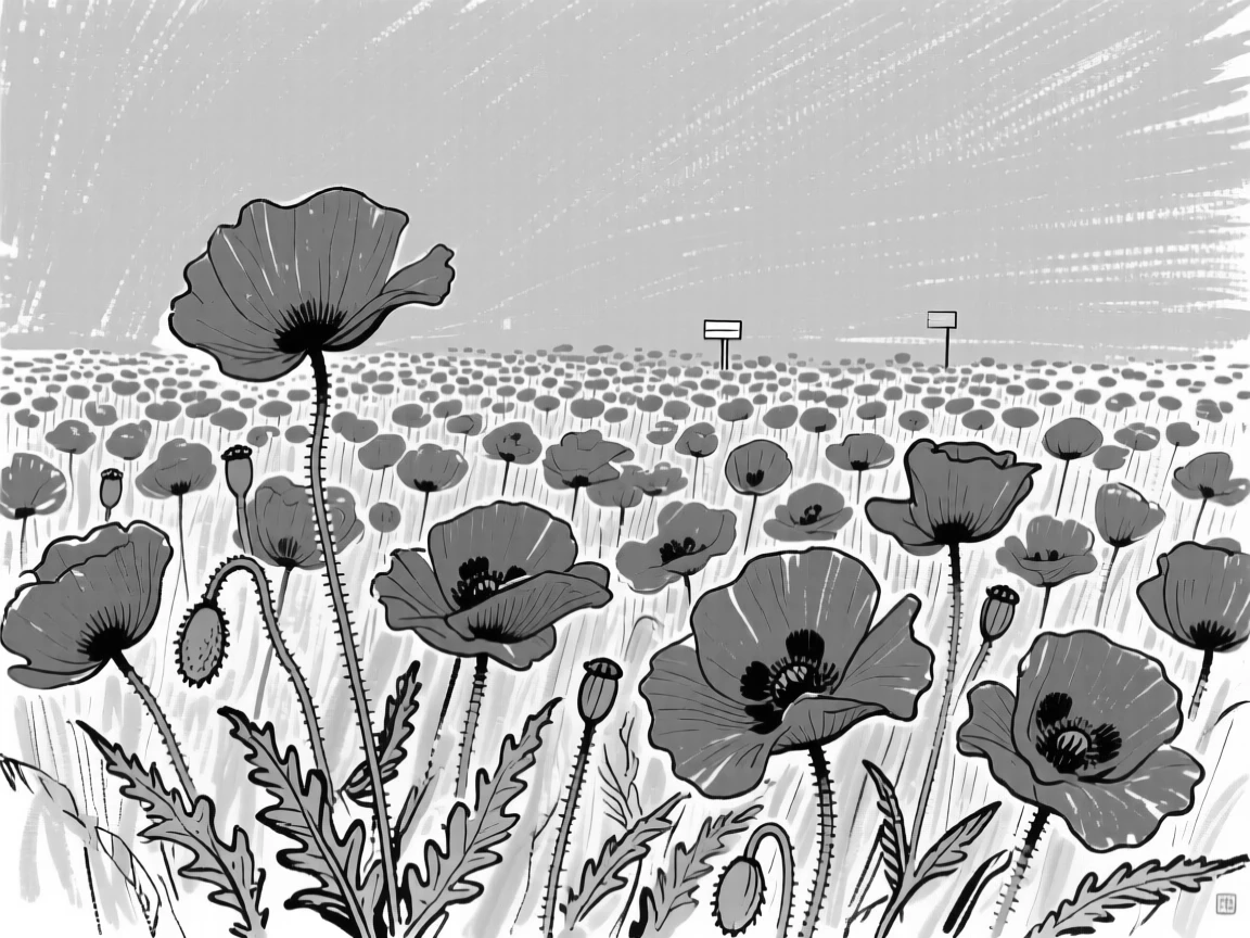 A field of red poppies swaying beneath a bright blue sky.