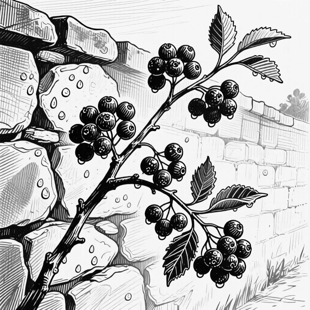 A branch heavy with ripe berries growing wild along a garden wall, with dew drops clinging to the edges, composed in a softly nostalgic still-life arrangement.