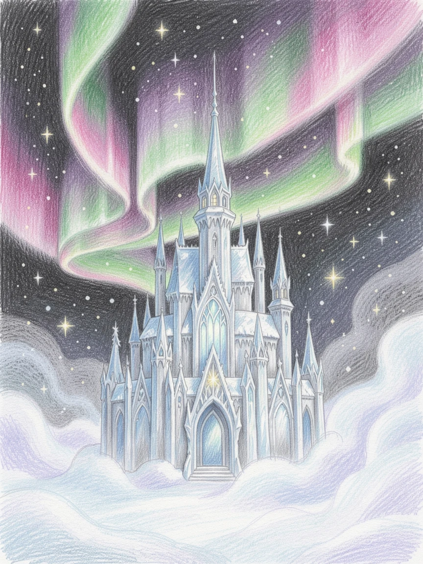 A snow queen's ice palace glittering under the northern lights, surrounded by swirling mist and drifting sparkles of light, evoking childhood wonder and magical storytelling.