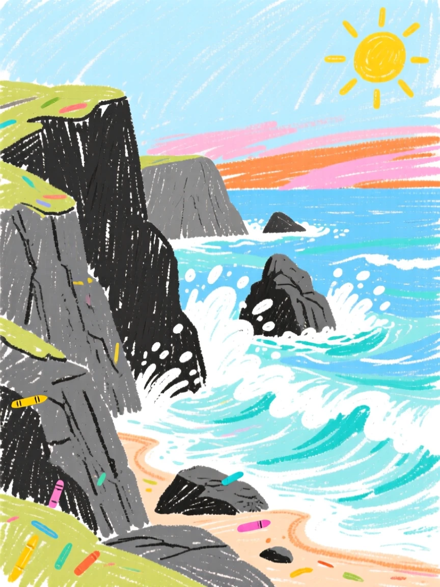 A rocky coastline with waves crashing against dark cliffs.