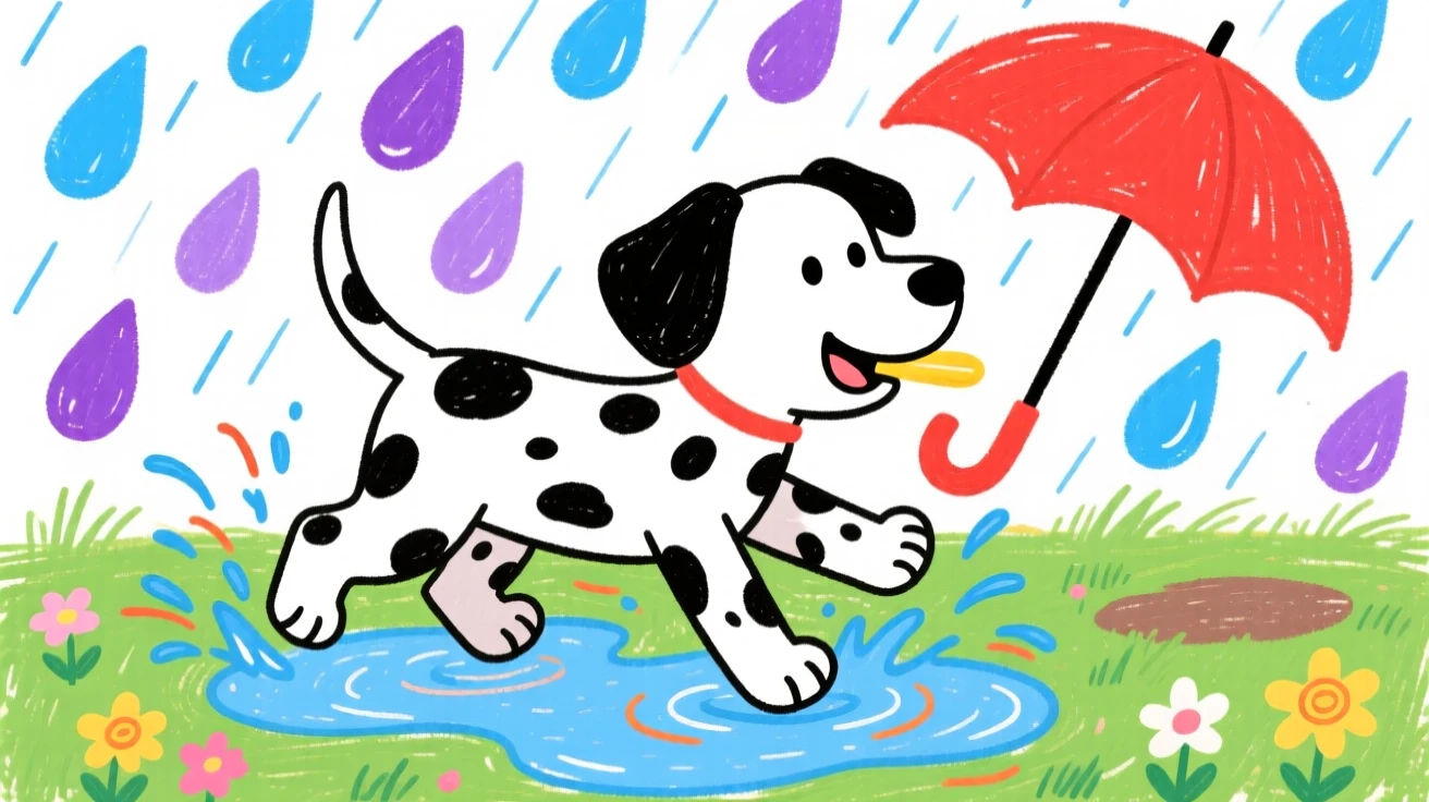 A spotted dalmatian puppy splashing through puddles on a rainy walk.