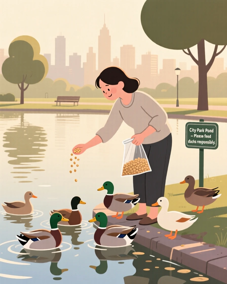 A new parent feeding ducks at a pond on a quiet weekend afternoon in the city.