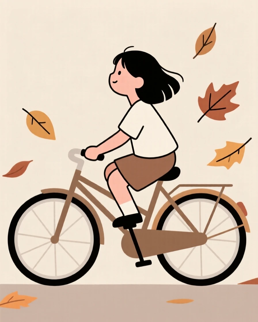 A portrait of a little girl riding bicycles near scattered autumn leaves, filled with hopeful anticipation.