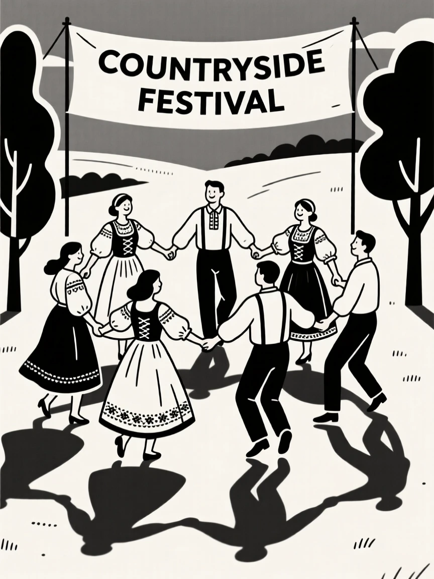 A folk dance circle at a countryside festival.