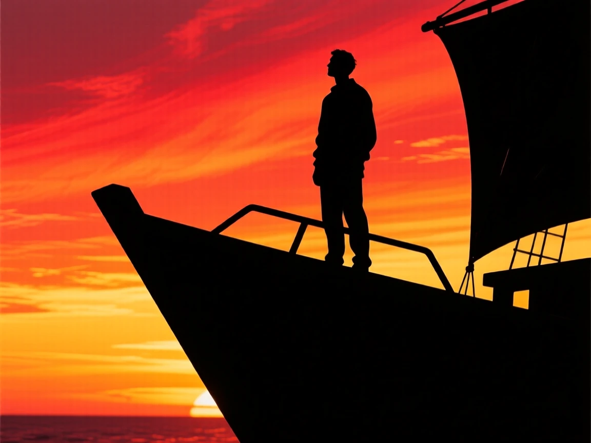 A lone figure standing at the bow of a ship watching the horizon.