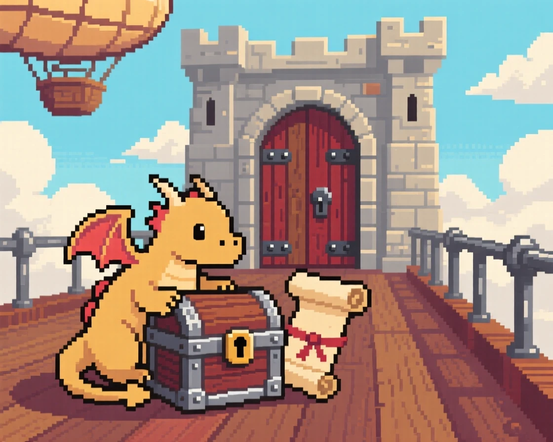 A small dragon curled around a treasure chest delivering a scroll to a castle gate, on the deck of an airship among the clouds.