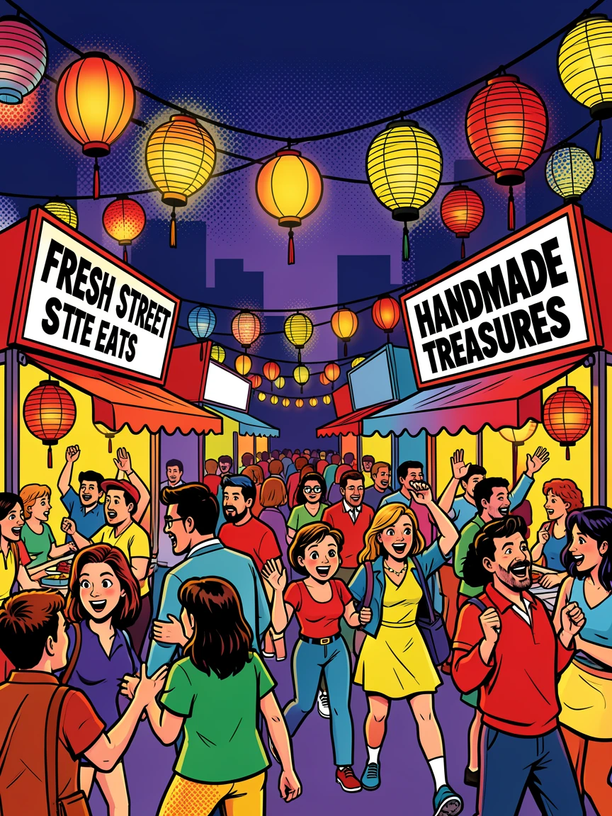 A bustling night market strung with paper lanterns