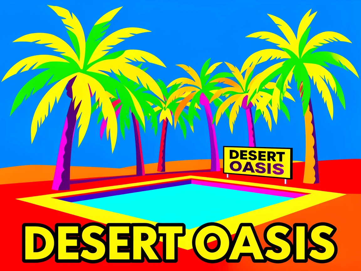 Desert oasis with palm trees and a pool