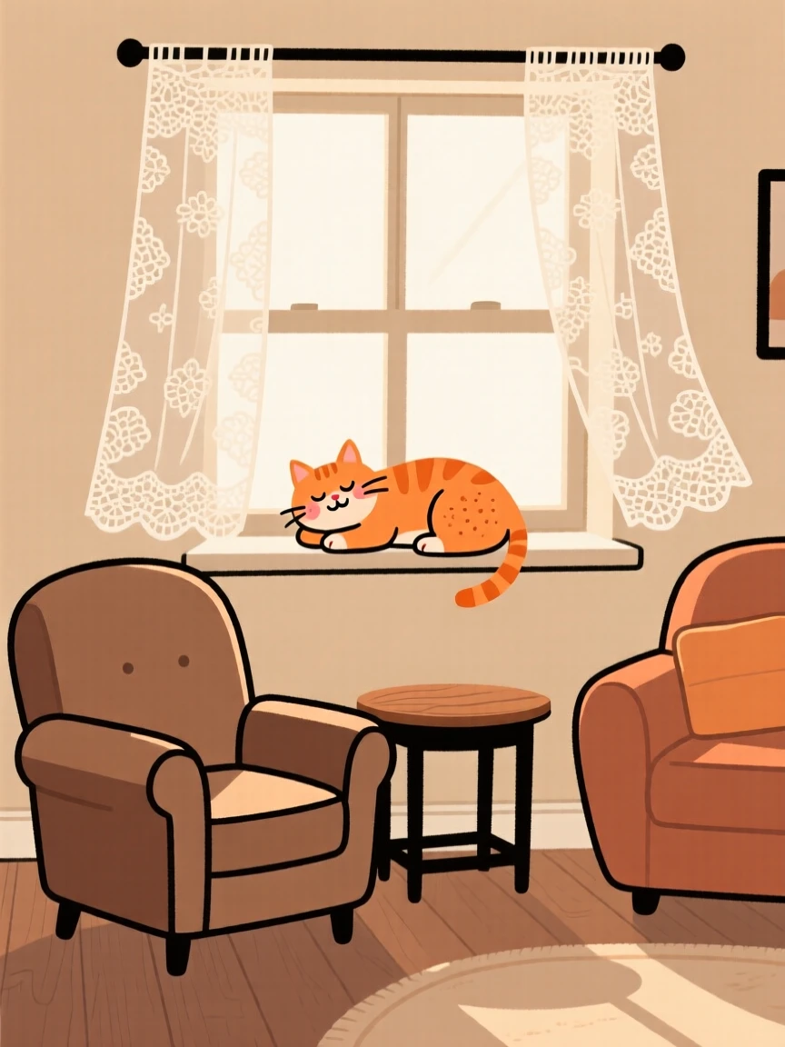 Morning light spills across a cozy living room filled with vintage furniture and lace curtains, where a orange cat naps peacefully on the windowsill.