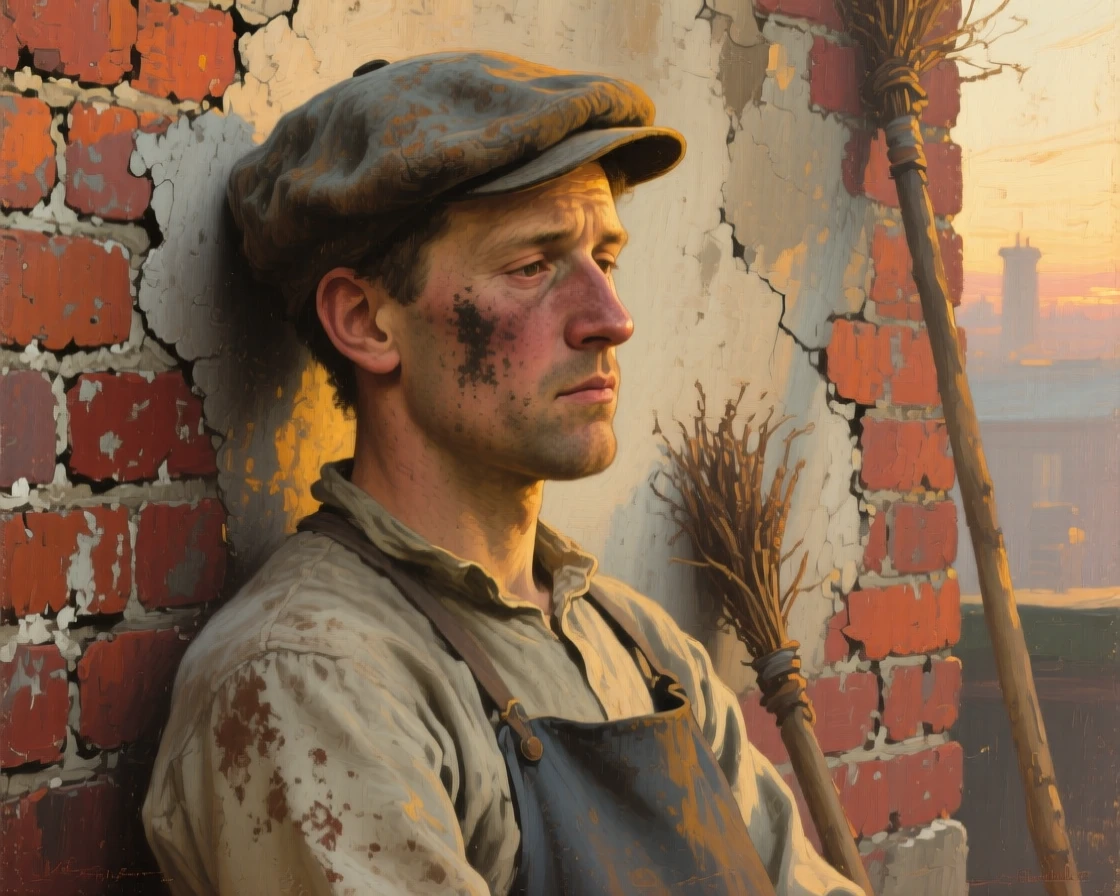 An intimate close-up of a chimney sweep resting against a brick wall, soot on his cheeks, just after sunrise, in the 1930s.