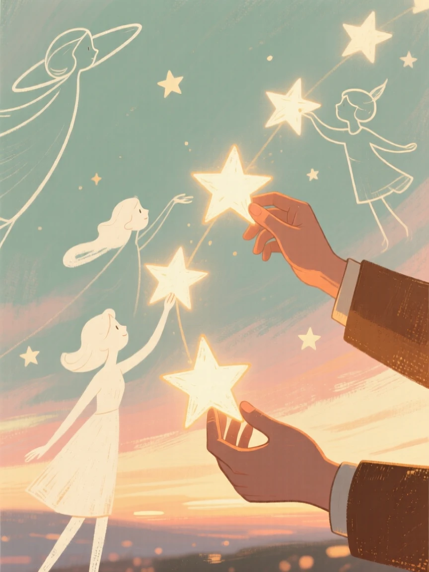 A whimsical scene of stars being lit one by one across a twilight sky