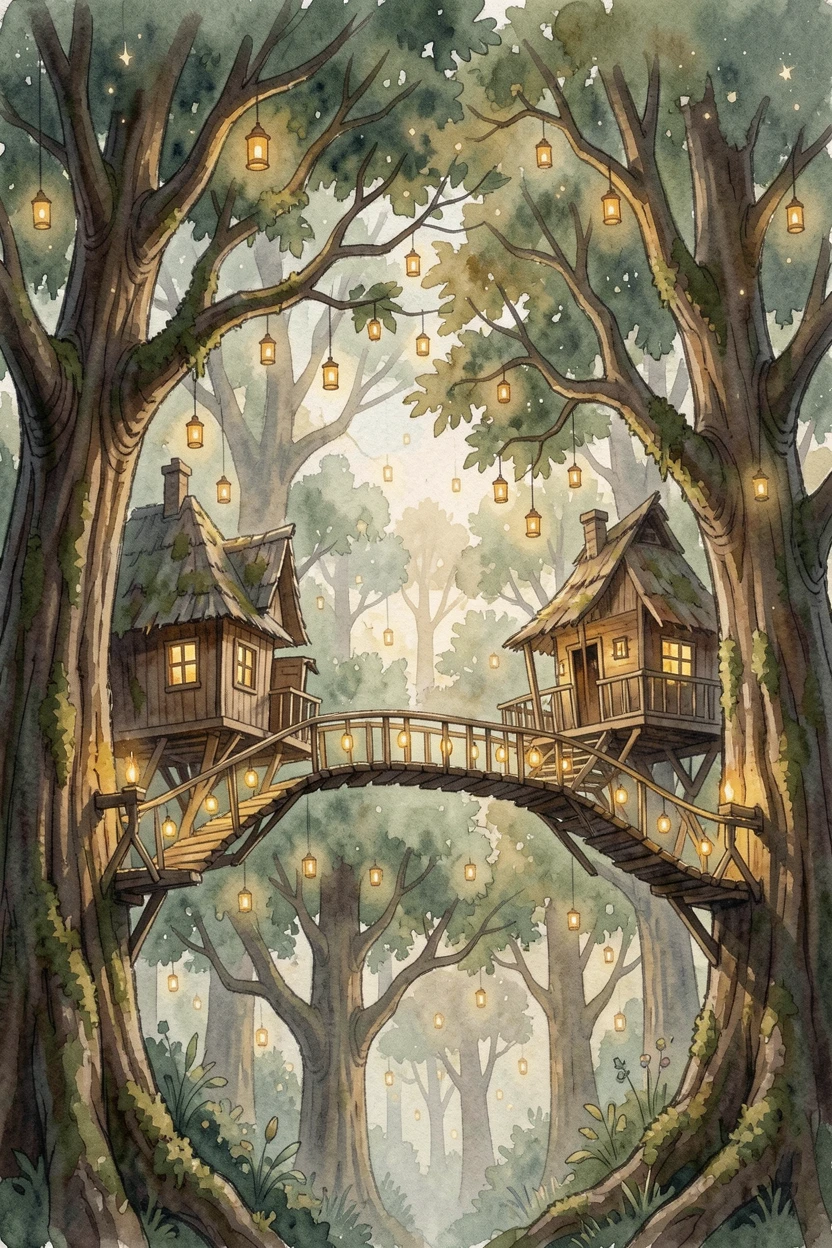 A magical treehouse village connected by lantern-lit bridges with tiny lanterns floating like stars.