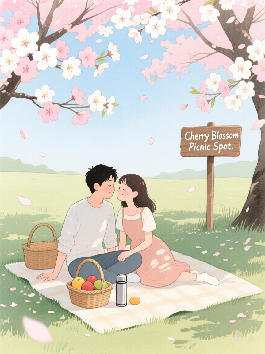 A tender moment of a picnic under blooming cherry trees, as soft music plays in the background, capturing quiet affection between two people