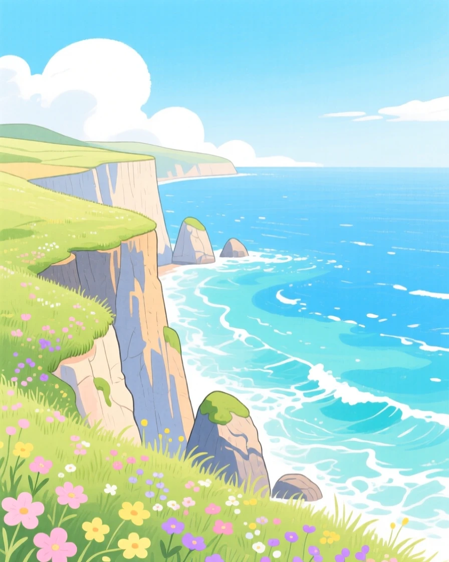 A panoramic scene of a dramatic cliffside overlooking the ocean in early spring.