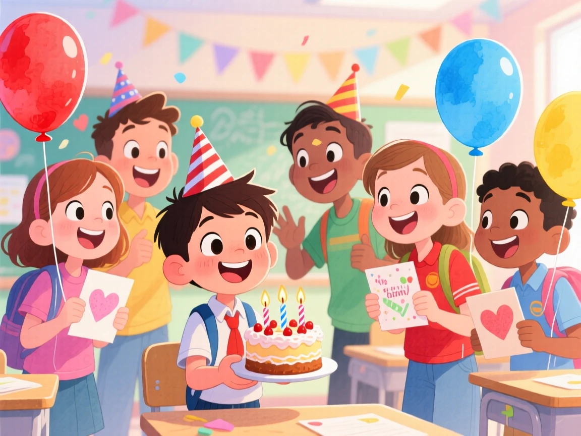 A group of friends surprising a classmate with a birthday celebration at school, set against a softly blurred, dreamy background, radiating kindness, hope, and heartfelt emotion.