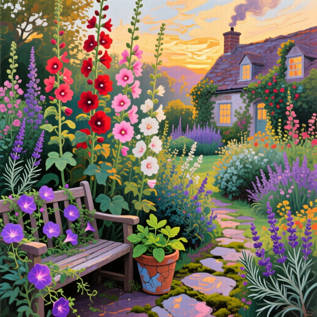 a cottage garden crowded with hollyhocks and herbs, in the last light before evening, with layered visual detail from foreground to horizon.