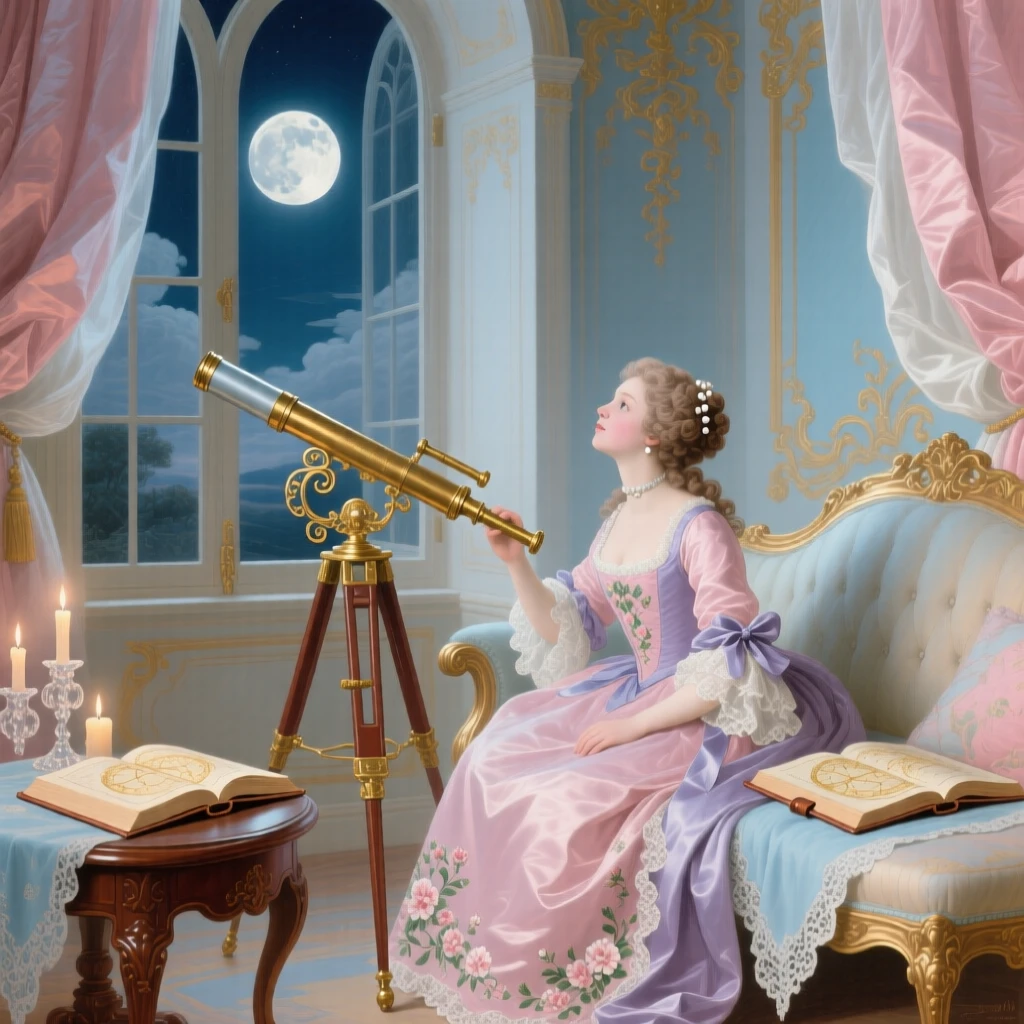 A palace tower chamber with a telescope aimed at a bright full moon  