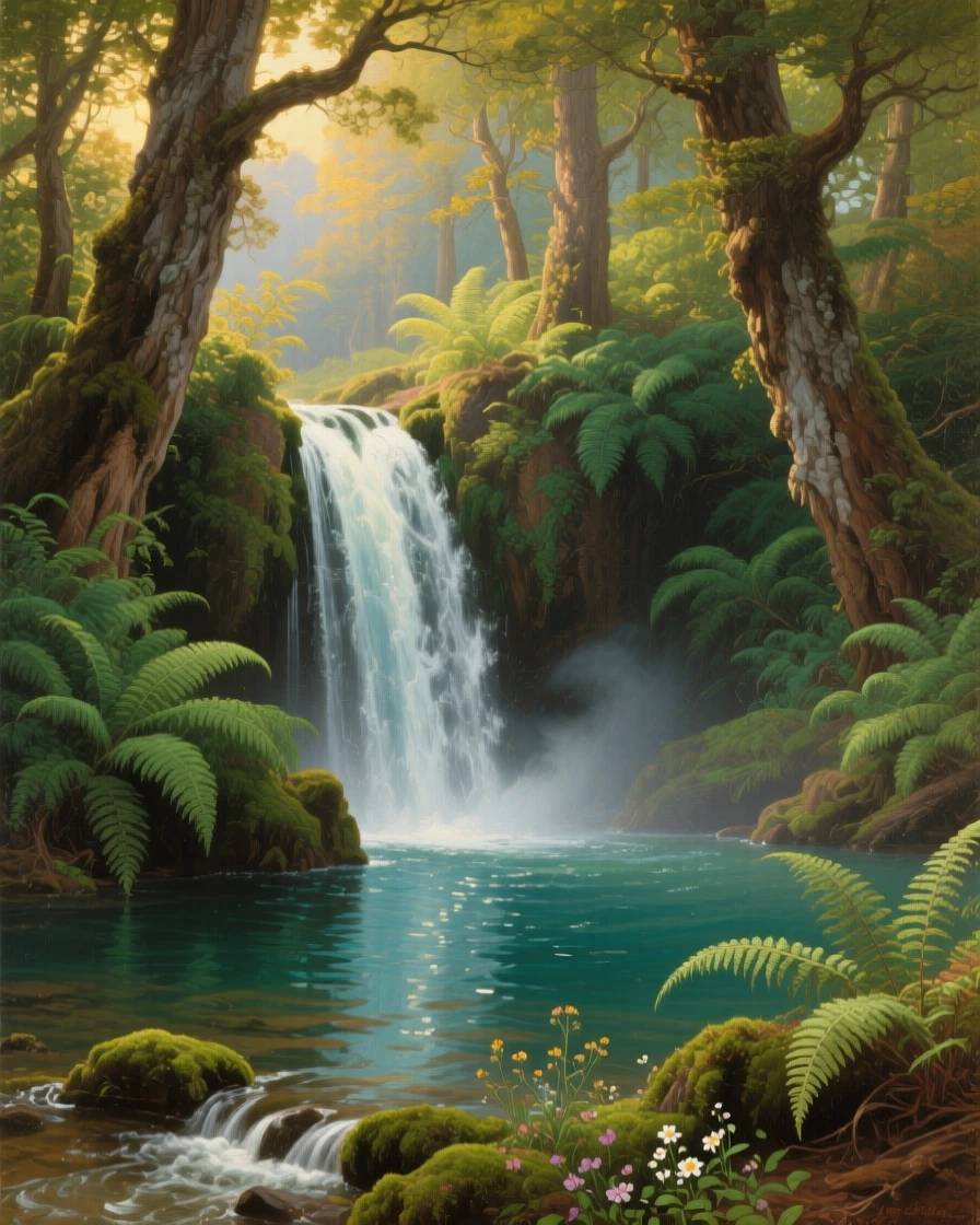 A hidden waterfall tumbles into a forest pool surrounded by ferns.