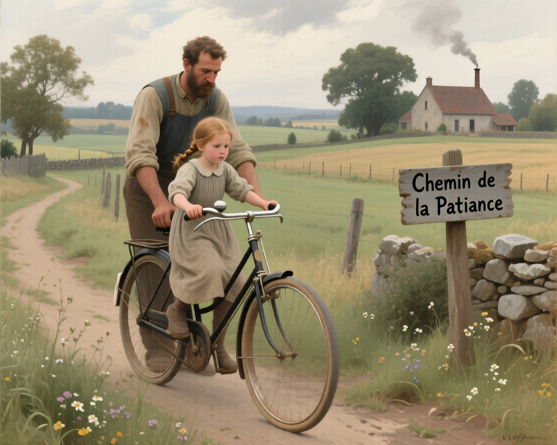 A father teaching his daughter to ride a bicycle for the first time, with the surrounding environment quietly reinforcing the emotion of the scene, designed to resonate emotionally with viewers of any background