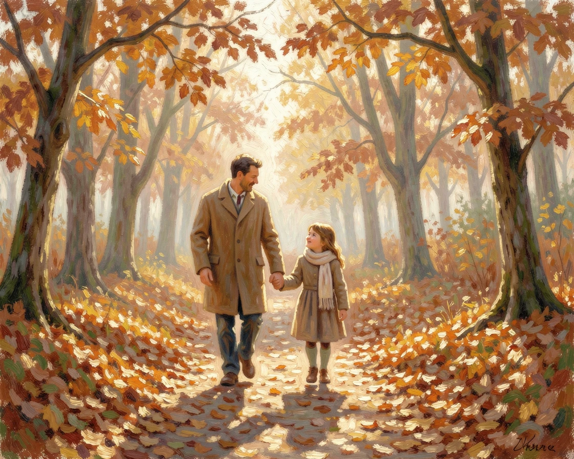 A father and daughter walking hand in hand along a autumn forest trail, leaves crunching underfoot.