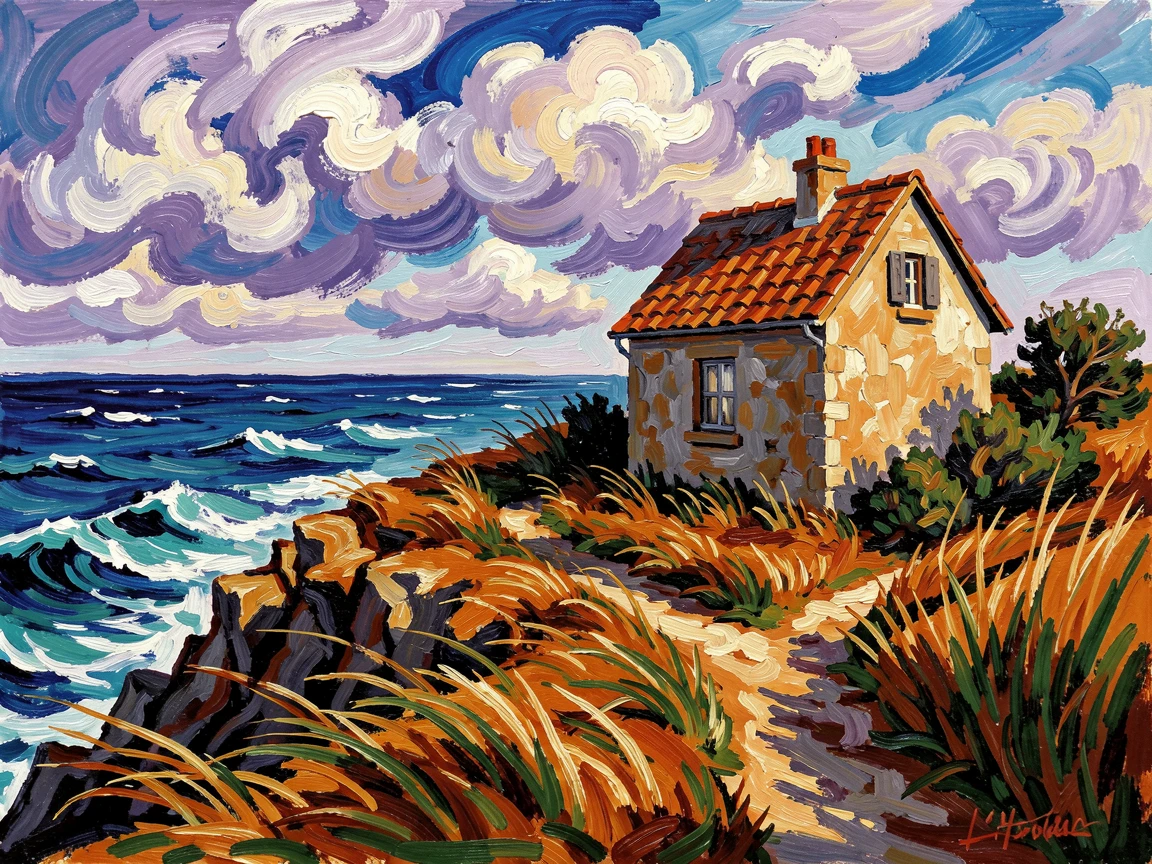 A quiet lighthouse keeper's cottage on a windswept cliff overlooking the sea.