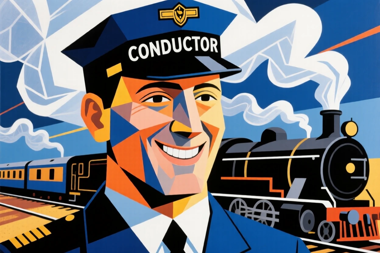 A close-up portrait of a train conductor smiling gently as steam rises gently around them.
