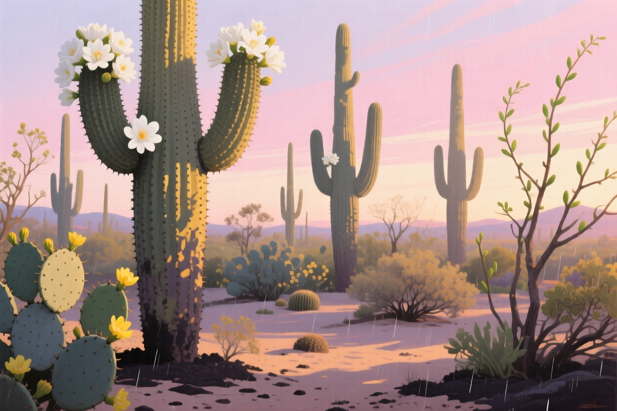 A desert botanical garden shows towering saguaro cacti blooming with white flowers at dawn, golden light illuminating their spiny silhouettes against the pink sky, as a light breeze stirs the surrounding vegetation and carries the scent of damp earth.