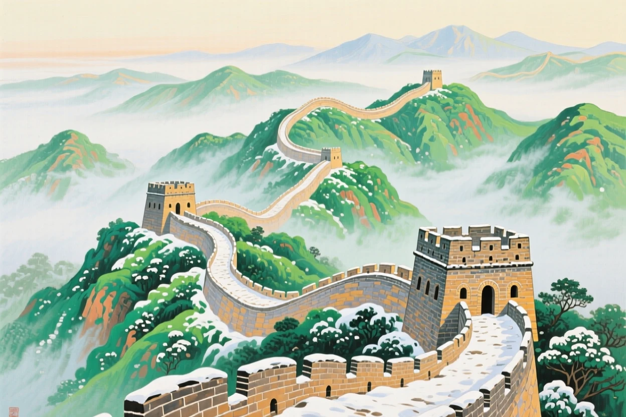 The Great Wall of China snaking over misty green mountains, wrapped in soft morning fog, snow dusting every surface
