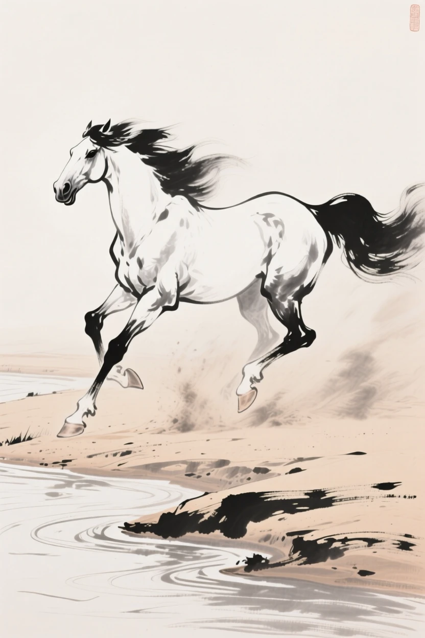 A single white horse runs along a sandy riverbank, as dust rises around their hooves.