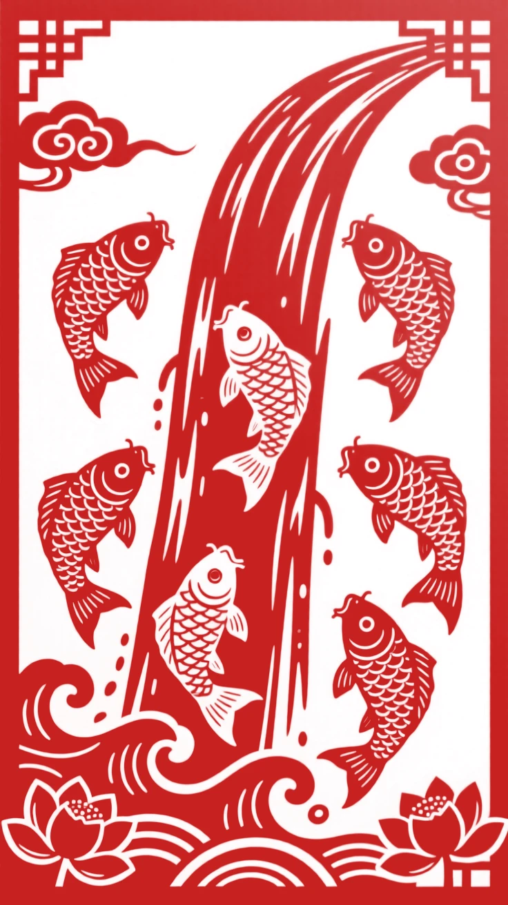 Nine carp swimming upstream against a rushing waterfall, leaping toward the top in a display of perseverance and fortune