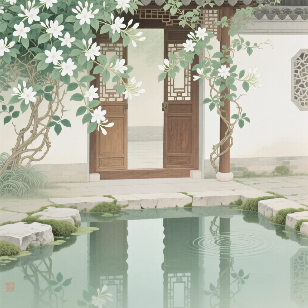 Jasmine vines wrapped around a garden gate reflected in the still water of a courtyard pond