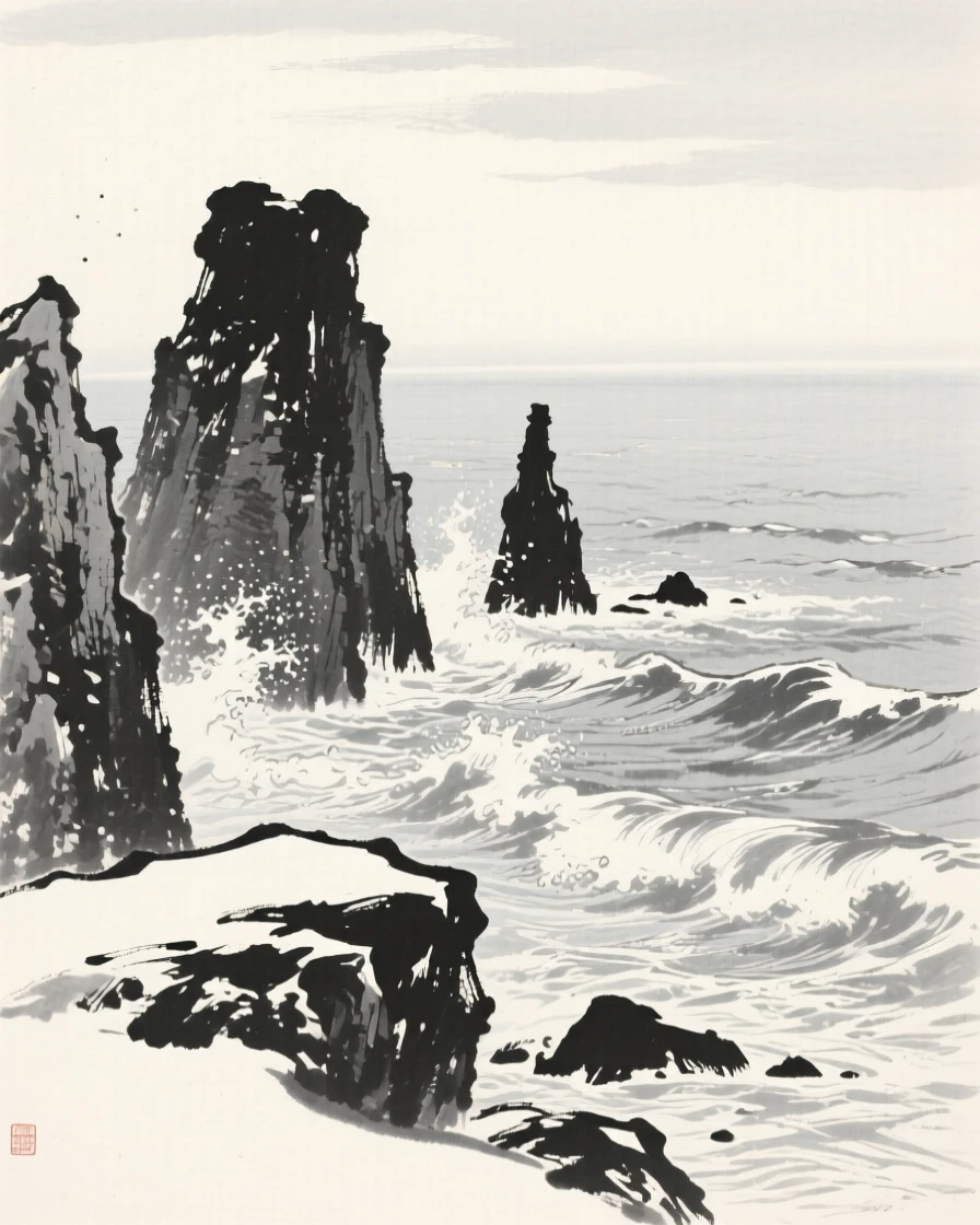 A rugged coastline where waves break against tall sea stacks under a pale winter sky heavy with unfallen snow, framed low, with the foreground rocks leading the eye toward the distance, suggesting the quiet vastness of the natural world.