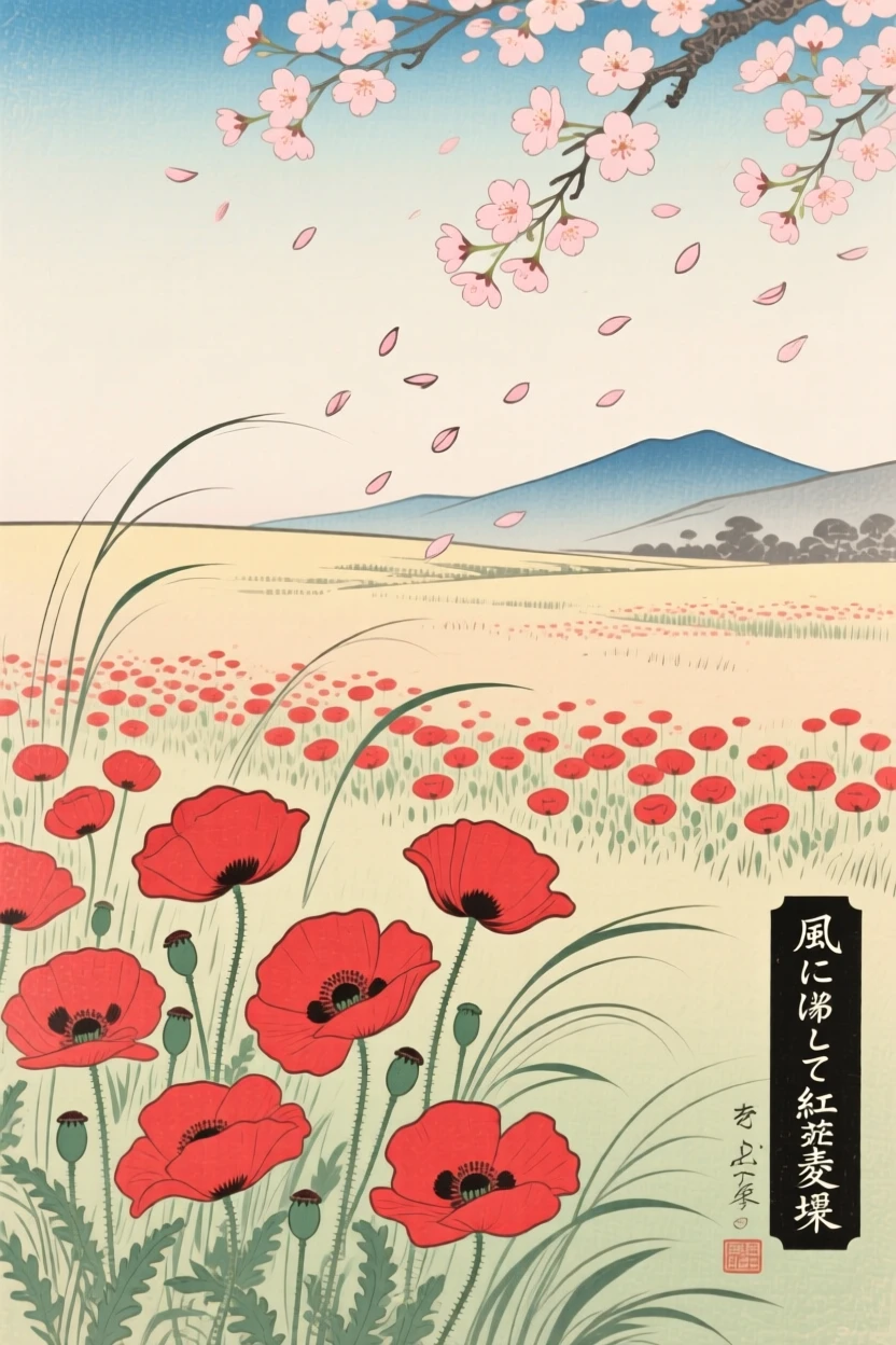 A field of blooming poppies rippling in the breeze beneath a canopy of drifting petals.
