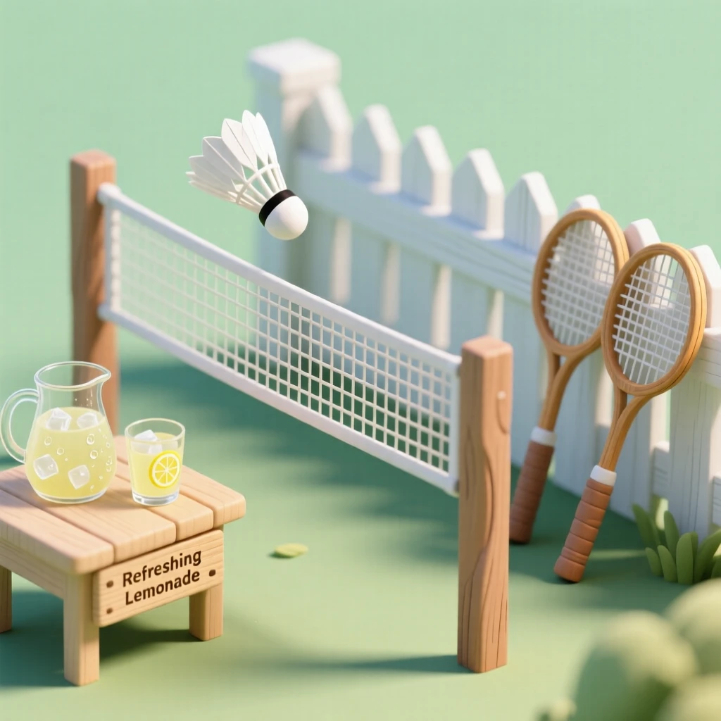 A backyard scene of setting up a badminton net, rackets leaning against a fence, a shuttlecock mid-flight, and lemonade resting on a side table.