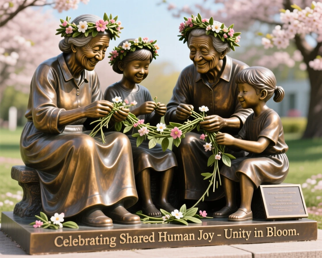 Elders and children weaving flower crowns together in spring, radiating heartfelt emotion and connection, celebrating shared human joy