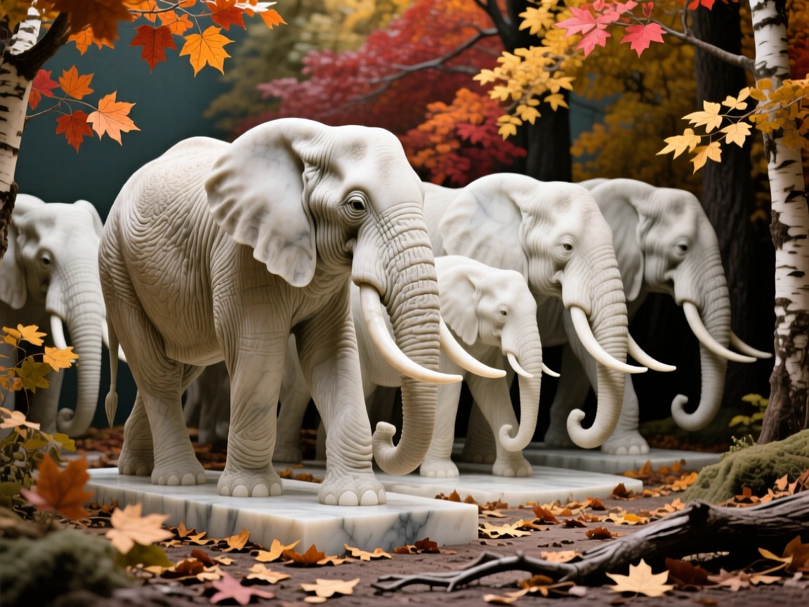 A herd of elephants captured in a powerful, dignified pose surrounded by autumn foliage